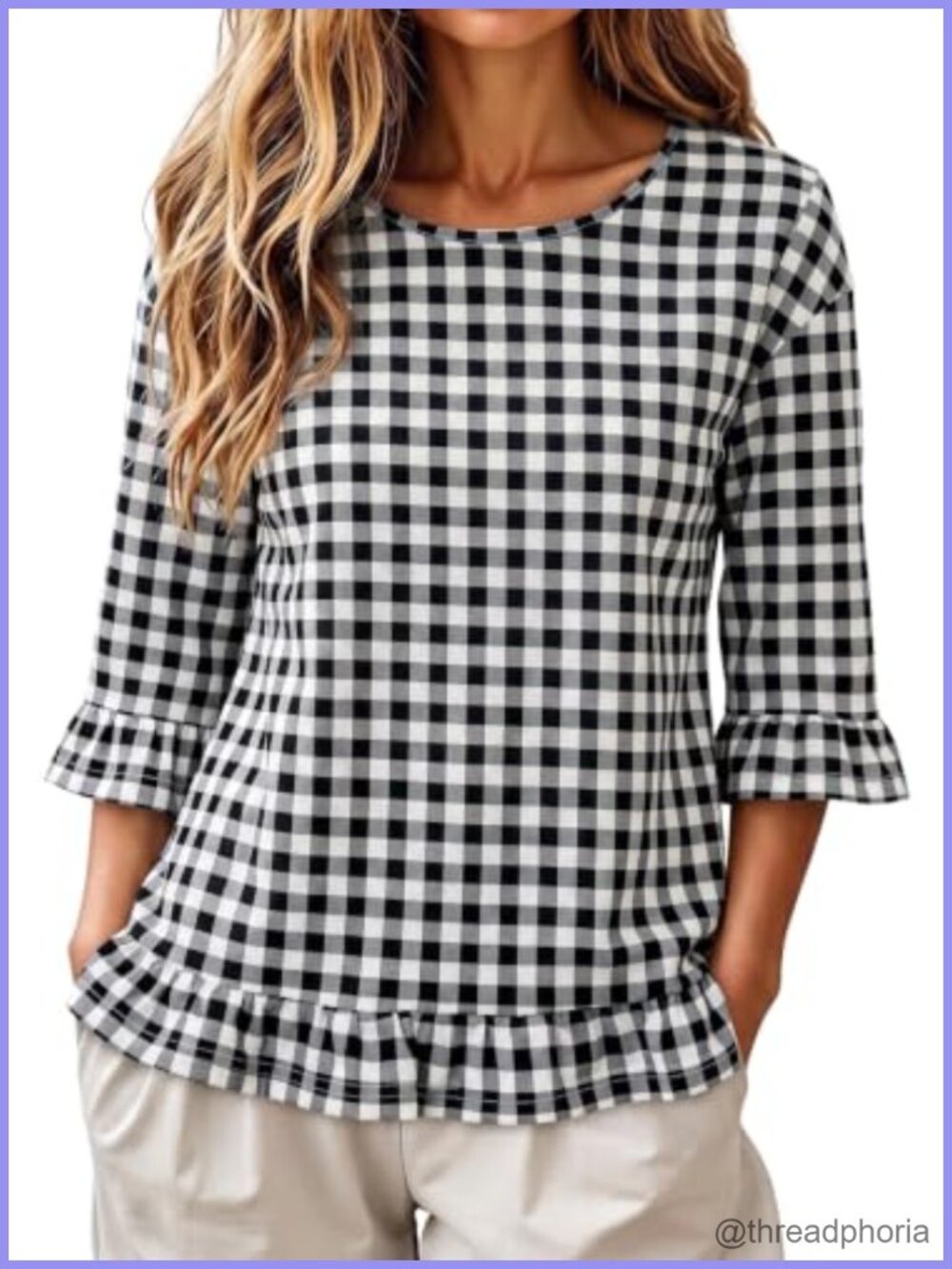 Women's Gingham Plaid Ruffle Hem 3/4 Sleeve Blouse Top